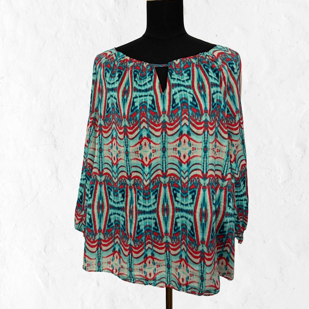 Anne Klein Blouse Womens XL Blue Red Ikat Print Split Neck Cotton Excellent Top